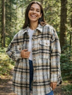 Good American Cabincore Oversized Plaid Shacket Neutral Layering XS/S NWT